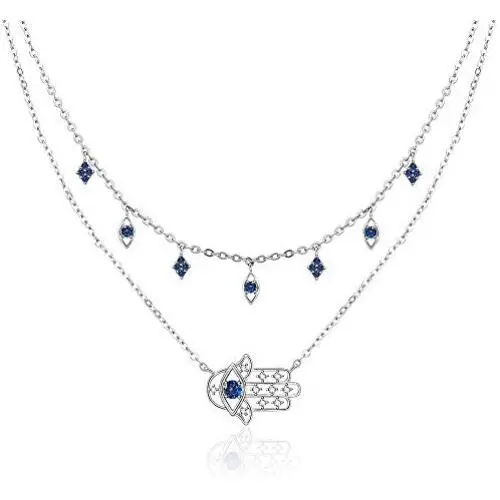 Lovgifset Hamsa Hand Necklace Blue Evil Eye Layered Necklaces for Women Sapphire Birthstone S925 Sterling Silver Dainty Double Layer Jewelry Lovgifset Hamsa Hand Necklace Blue Evil Eye Layered Necklaces for Women Sapphire Birthstone S925 Sterling Silver Dainty Double Layer Jewelry
