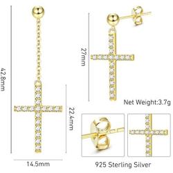Fansilver S925 Sterling Silver Cross Dangle Drop Stud Earrings 14K Gold Plated Pendant Chain Earrings For Women Men Cubic Zirconia Cross Earrings Punk Jewelry
