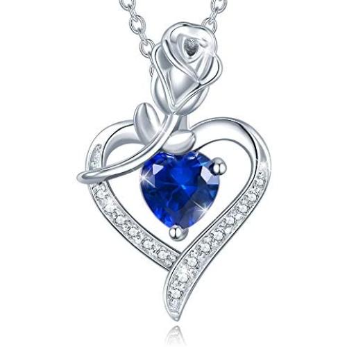Agvana Fine Jewelry Birthstone Necklaces for Women Sterling Silver Genuine or Created Gemstone Rose Flower Heart Pendant Necklace Mothers Day Gifts for Mom Anniversary Birthday Gifts for Girls Her
