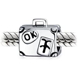 Vacation Europe Paris London Tourism Travel Suitcase Luggage Charm Bead For Women Teen Oxidized Two Tone .925 Sterling Silver Fits European Bracelet