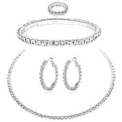 PPX 5 Pcs Rhinestone Bridesmaid Jewelry Sets for Women Necklace and Ring and Earring Set for Wedding with Crystal Bracelet