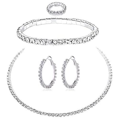 PPX 5 Pcs Rhinestone Bridesmaid Jewelry Sets for Women Necklace and Ring and Earring Set for Wedding with Crystal Bracelet