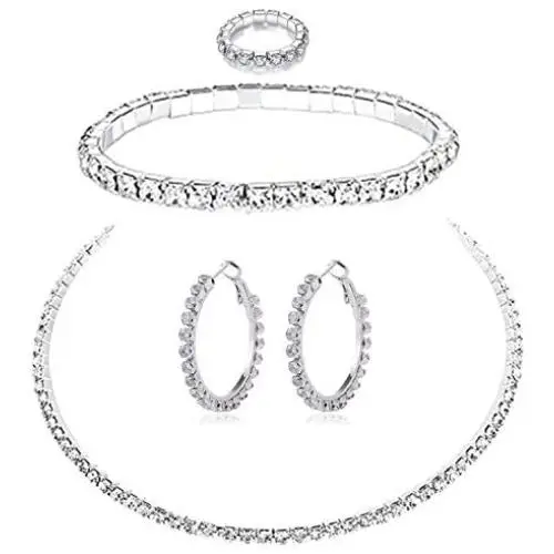 PPX 5 Pcs Rhinestone Bridesmaid Jewelry Sets for Women Necklace and Ring and Earring Set for Wedding with Crystal Bracelet
