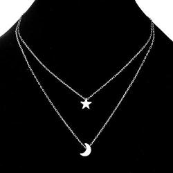 Gbell Simple Womens Doublelayer Necklace Star and Moon Pendant Necklace - Fashion Gold Silver Neck Chains Choker for Teen Girls Ladies Women Party Ball Date Jewelry