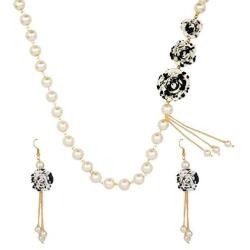 Efulgenz Black Floral Faux Pearl Beads Strand Necklace Earrings Fashion Costume Jewelry Set for Women Girls
