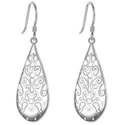 EVER FAITH Bridal Jewelry 925 Sterling Silver Art Deco Filigree Floral Hollow Drop Shaped Hook Earrings