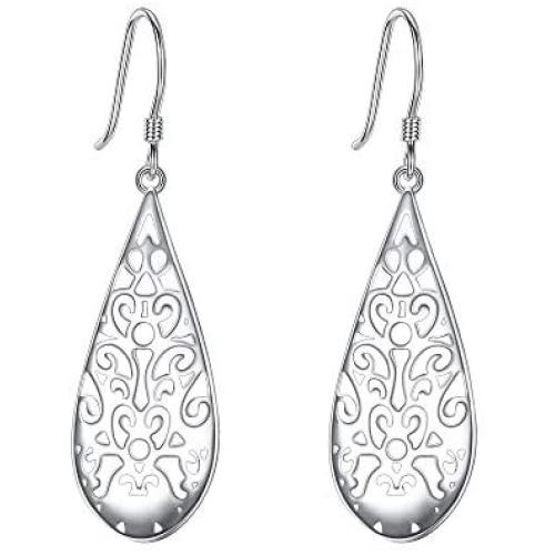 EVER FAITH Bridal Jewelry 925 Sterling Silver Art Deco Filigree Floral Hollow Drop Shaped Hook Earrings