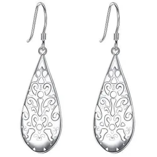 EVER FAITH Bridal Jewelry 925 Sterling Silver Art Deco Filigree Floral Hollow Drop Shaped Hook Earrings