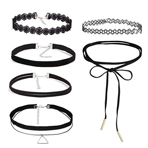 Haloty 6PCS Punk Lace Choker Necklace Black Crystal Pendant Necklaces Chain Vintage Leather Necklaces Jewelry for Women and Girls (StyleⅡ)