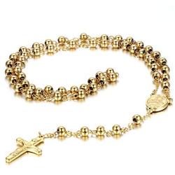 Golden George Gold Long Rosary Bead Chain Jesus Christ Crucifix Cross Catholic Pendant Necklace for Men and Women,25 Inch Chain