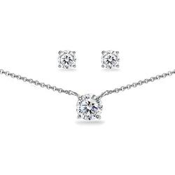 GemStar USA Sterling Silver Cubic Zirconia Round Solitaire Choker Necklace and Stud Earrings Set