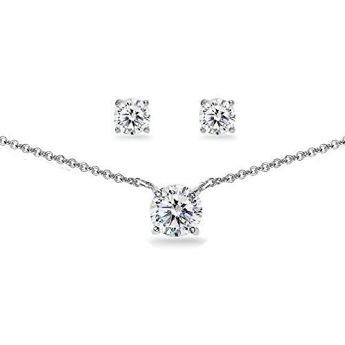 GemStar USA Sterling Silver Cubic Zirconia Round Solitaire Choker Necklace and Stud Earrings Set