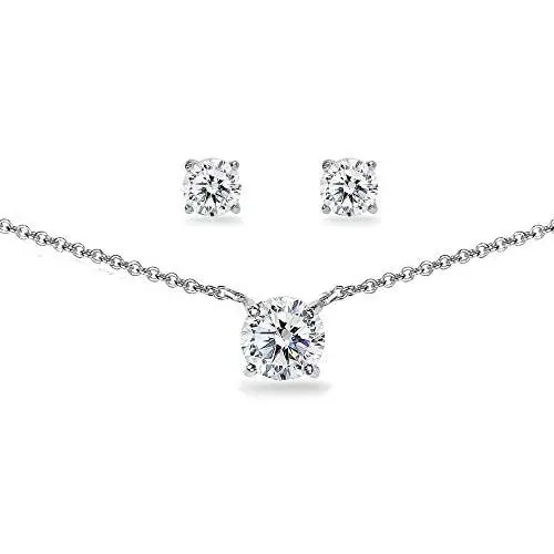 GemStar USA Sterling Silver Cubic Zirconia Round Solitaire Choker Necklace and Stud Earrings Set GemStar USA Sterling Silver Cubic Zirconia Round Solitaire Choker Necklace and Stud Earrings Set