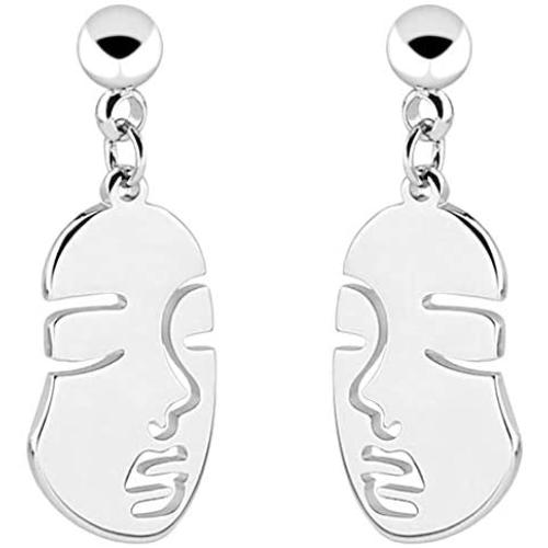 Stainless Steel Face Abstract Statement Party Hypoallergenic Drop Earrings (Silver)