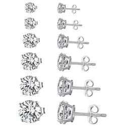 SUPRAONE 6 Pairs Stud Earrings Set, 925 Sterling Silver Hypoallergenic Round Cubic Zirconia 18K Gold Plated for Women Girls Men 3-8mm