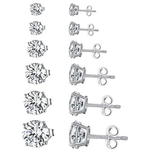 SUPRAONE 6 Pairs Stud Earrings Set, 925 Sterling Silver Hypoallergenic Round Cubic Zirconia 18K Gold Plated for Women Girls Men 3-8mm