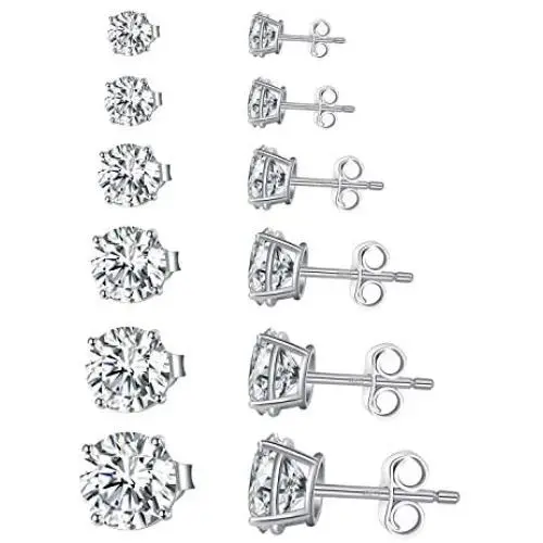 SUPRAONE 6 Pairs Stud Earrings Set, 925 Sterling Silver Hypoallergenic Round Cubic Zirconia 18K Gold Plated for Women Girls Men 3-8mm