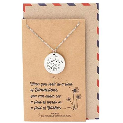 Quan Jewelry Dandelion Plate Pendant Necklace with Message Card, Inspirational Jewelry for Women