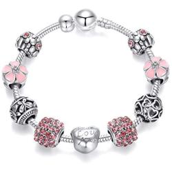 Mson DIY Antique Silver Alloy Large Beads with Love Beads Charms Bracelet for Girls and Women Murano Glass Beads Rose Flower