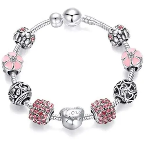 Mson DIY Antique Silver Alloy Large Beads with Love Beads Charms Bracelet for Girls and Women Murano Glass Beads Rose Flower