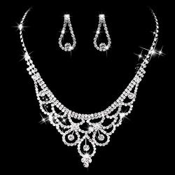 Unicra Bride Silver Necklace Earrings Set Crystal Bridal Wedding Jewelry Set Rhinestone Bridesmaid Party Choker Necklace Drop Dangle Earrings Sets for Women and Girls (Silver-3)