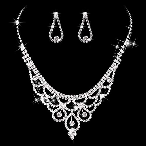 Unicra Bride Silver Necklace Earrings Set Crystal Bridal Wedding Jewelry Set Rhinestone Bridesmaid Party Choker Necklace Drop Dangle Earrings Sets for Women and Girls (Silver-3)