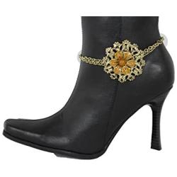 TFJ Women Western Fashion Jewelry Boot Bracelet Gold Metal Chain Shoe Anklet Brown Flower Bling Charm