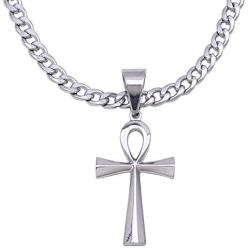 Double Rainbow Jewelry 18''-36'' Mens Stainless Steel Silver Egyptian Ankh Cross Pendant 6mm Cuban Curb Necklace Chain Link