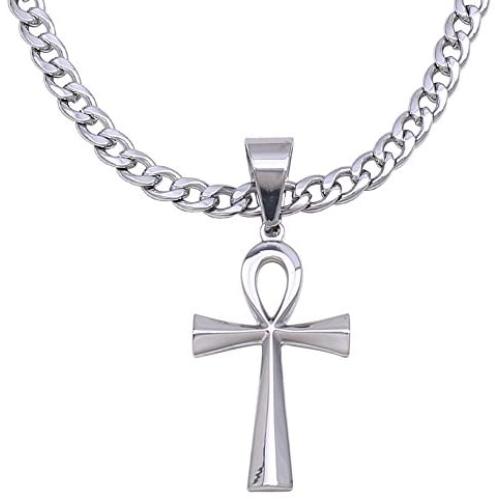 Double Rainbow Jewelry 18''-36'' Mens Stainless Steel Silver Egyptian Ankh Cross Pendant 6mm Cuban Curb Necklace Chain Link