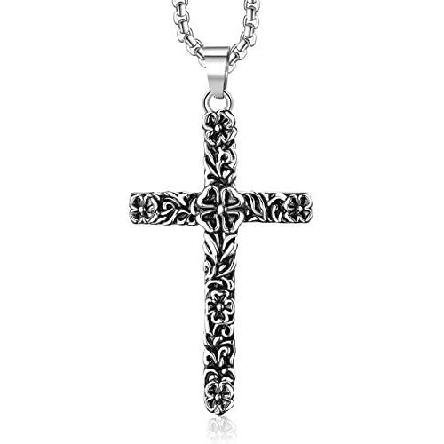 Gospelle Cross Necklace Silvery Retro Carving Flowers Stainless Steel Pendant