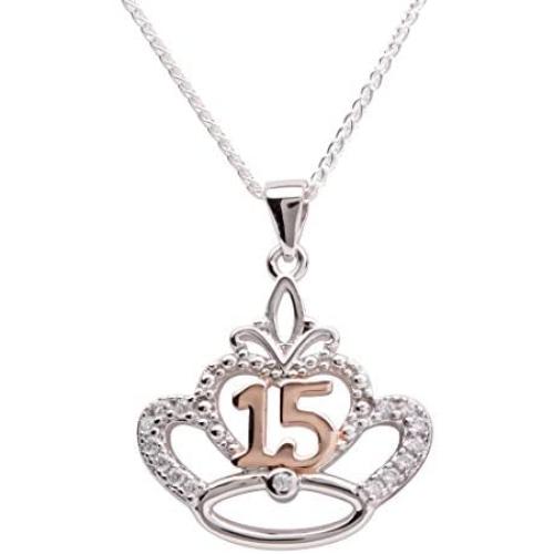 Sterling Silver Necklace for Quinceanera Gift, Girls Sweet 15 Present with 15 Sparkling CZs