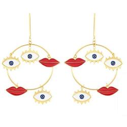 Gold Tone Evil Eyes Lip Earrings Fashion Unique Enamel Abstract Eyes Red Lip Drop Dangle Earring for Women Girls Exaggerated Jewelry