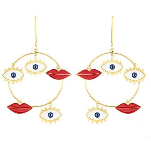 Gold Tone Evil Eyes Lip Earrings Fashion Unique Enamel Abstract Eyes Red Lip Drop Dangle Earring for Women Girls Exaggerated Jewelry