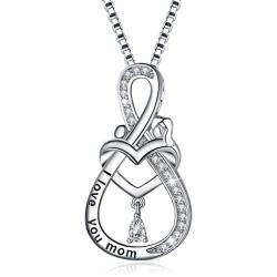 BLOOMY JEWELRY Mom Necklace for Mothers Day S925 Sterling Silver Mother Daughter Necklace for Mom Love Heart Infinity Mother Pendant Necklace with Gift Box from Daughter or Son, Mom Birthday Gifts