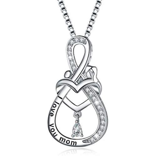 BLOOMY JEWELRY Mom Necklace for Mothers Day S925 Sterling Silver Mother Daughter Necklace for Mom Love Heart Infinity Mother Pendant Necklace with Gift Box from Daughter or Son, Mom Birthday Gifts