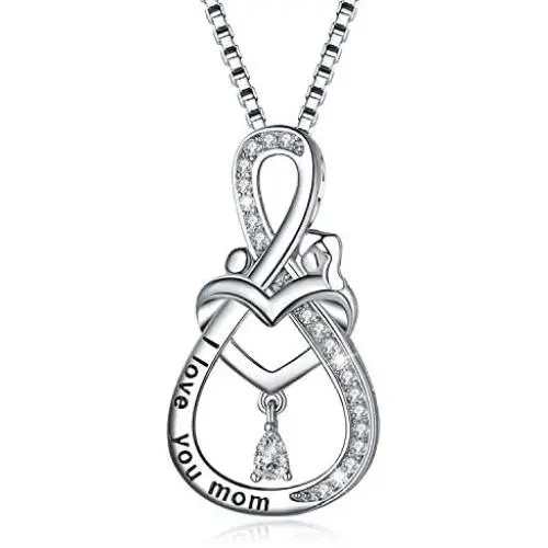 BLOOMY JEWELRY Mom Necklace for Mothers Day S925 Sterling Silver Mother Daughter Necklace for Mom Love Heart Infinity Mother Pendant Necklace with Gift Box from Daughter or Son, Mom Birthday Gifts