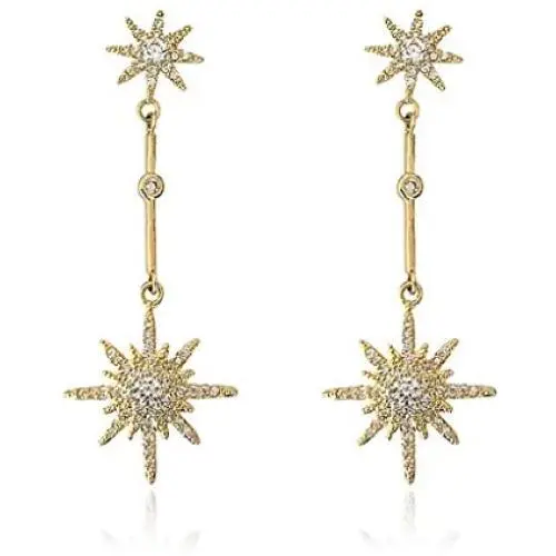 Orris Diamond Cubic Zirconia Mounted Gold Star Style Dangle Drop Earrings for Women Girls Orris Diamond Cubic Zirconia Mounted Gold Star Style Dangle Drop Earrings for Women Girls