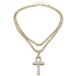 Shiny Jewelers USA Mens Iced Out Cz Ankh Cross Hip Hop Pendant 3mm 16'' & 18'' 1 Row Tennis Chain Necklace