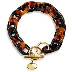 Bling Jewelry Fashion Brown Golden Acrylic Tortoise Shell Oval Chain Link Bracelet for Women Gold Plated Stainless Steel