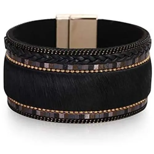 The Woos Leopard Bracelet Leopard Wrap Bracelet Fahion Handmade Horsehair Leather Cuff Bangle Charm Bracelet Wristband with Magnetic Buckle for Women Girl Jewelry Accessories