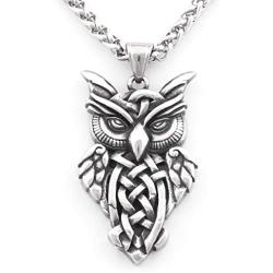 Warvik Owl Irish Celtic Knot Necklace Trinity Pendant Wiccan Moon Asatru, Stainless Steel Jewelry Mens Womens Wheat Chain 20/28inch