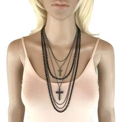 Deluxe Gothic Crosses Retro 80 Madonna Multilayer Black & Gunmetal Chain Long Multi Strand Necklace