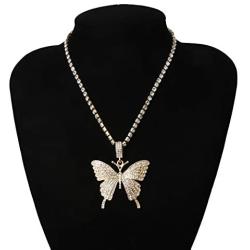 The Woos Rhinestone Butterfly Necklace Tennis Chain Hip Hop Bling Animal Butterfly Iced Out Crystal Collar Butterfly Pendant Necklace for Women Girl Rock Jewelry