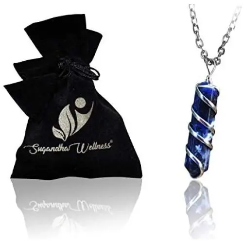 Natural Sodalite Crystal Healing Necklace - For Third Eye Chakra. Promotes Communication, Deepens Meditation, Instills Drive For Truth. Calms Anxiety, Enhances Self-Acceptance. With Stylish Chain Natural Sodalite Crystal Healing Necklace - For Third Eye Chakra. Promotes Communication, Deepens Meditation, Instills Drive For Truth. Calms Anxiety, Enhances Self-Acceptance. With Stylish Chain
