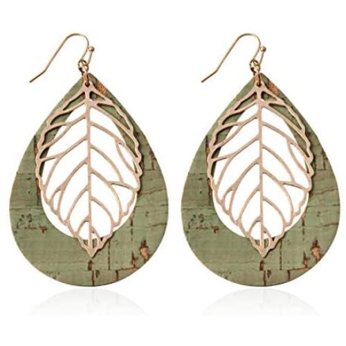 Bohemian Delicate Lightweight Cork Geometric Earrings - Filigree Cutout Petal Leaf, Teardrop, Floral Print Feather Fringe Drop Dangles