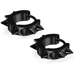Flongo Mens Womens Punk Black Stainless Steel Goth Rivet Awl Spike Huggies Piercing Hoop Earrings
