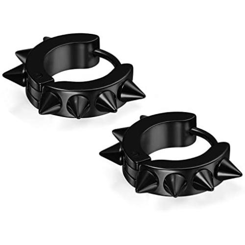 Flongo Mens Womens Punk Black Stainless Steel Goth Rivet Awl Spike Huggies Piercing Hoop Earrings