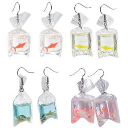 4 Pairs Funny Acrylic Goldfish Starfish Earrings Water Bag Shape Unique Resin Dangle Hook Earrings for Girls Women Bohemian Creative Charm Water Pouch Jewelry