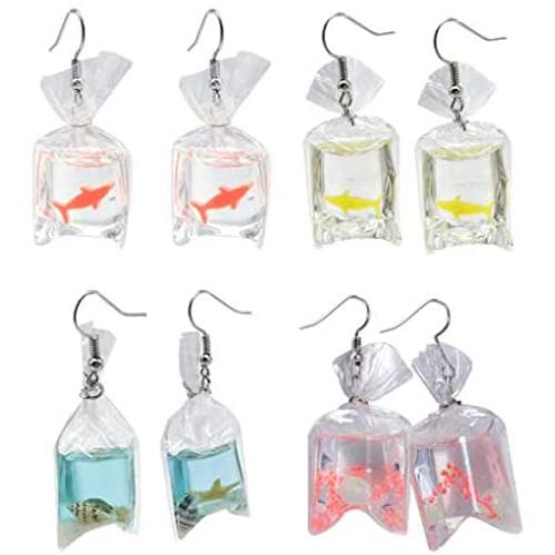 4 Pairs Funny Acrylic Goldfish Starfish Earrings Water Bag Shape Unique Resin Dangle Hook Earrings for Girls Women Bohemian Creative Charm Water Pouch Jewelry