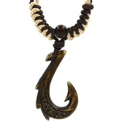 HZMAN Hawaiian Fish Hook Pendant Hemp Cord Chain - Maori Tribal Necklace